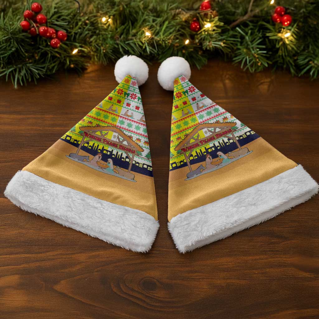 Vatican Christmas Santa Hat with Bethlehem Silhouette Yellow Red Green Pattern and Baby Jesus Manger - Wonder Print Shop