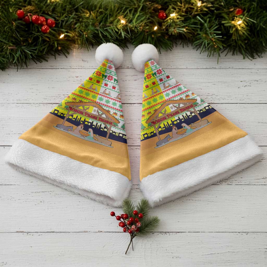 Vatican Christmas Santa Hat with Bethlehem Silhouette Yellow Red Green Pattern and Baby Jesus Manger - Wonder Print Shop