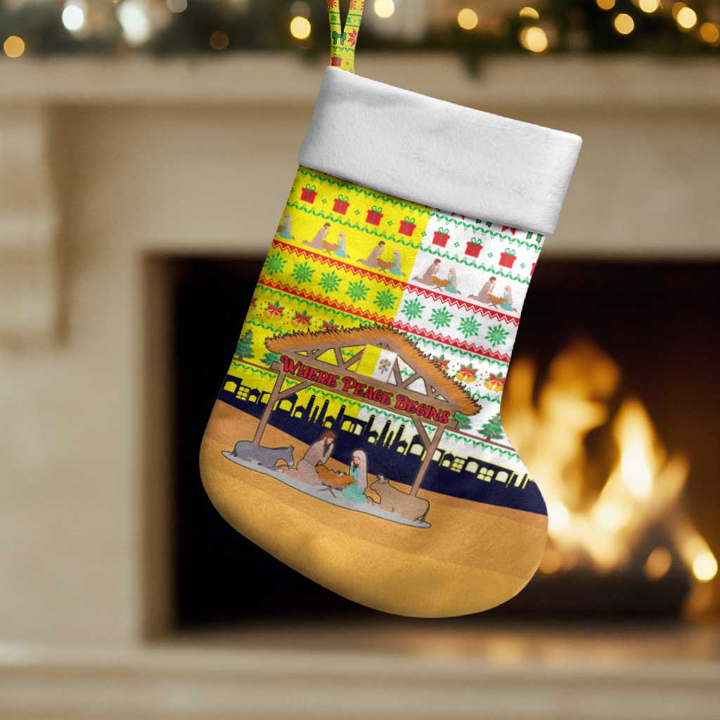 Vatican Christmas Stocking with Bethlehem Silhouette Yellow Red Green Pattern and Baby Jesus Manger - Wonder Print Shop