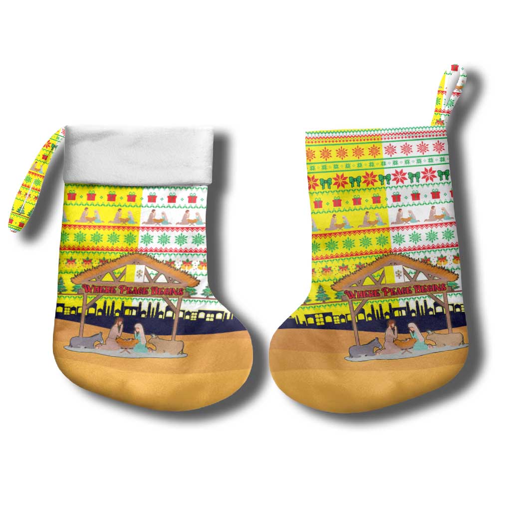 Vatican Christmas Stocking with Bethlehem Silhouette Yellow Red Green Pattern and Baby Jesus Manger - Wonder Print Shop