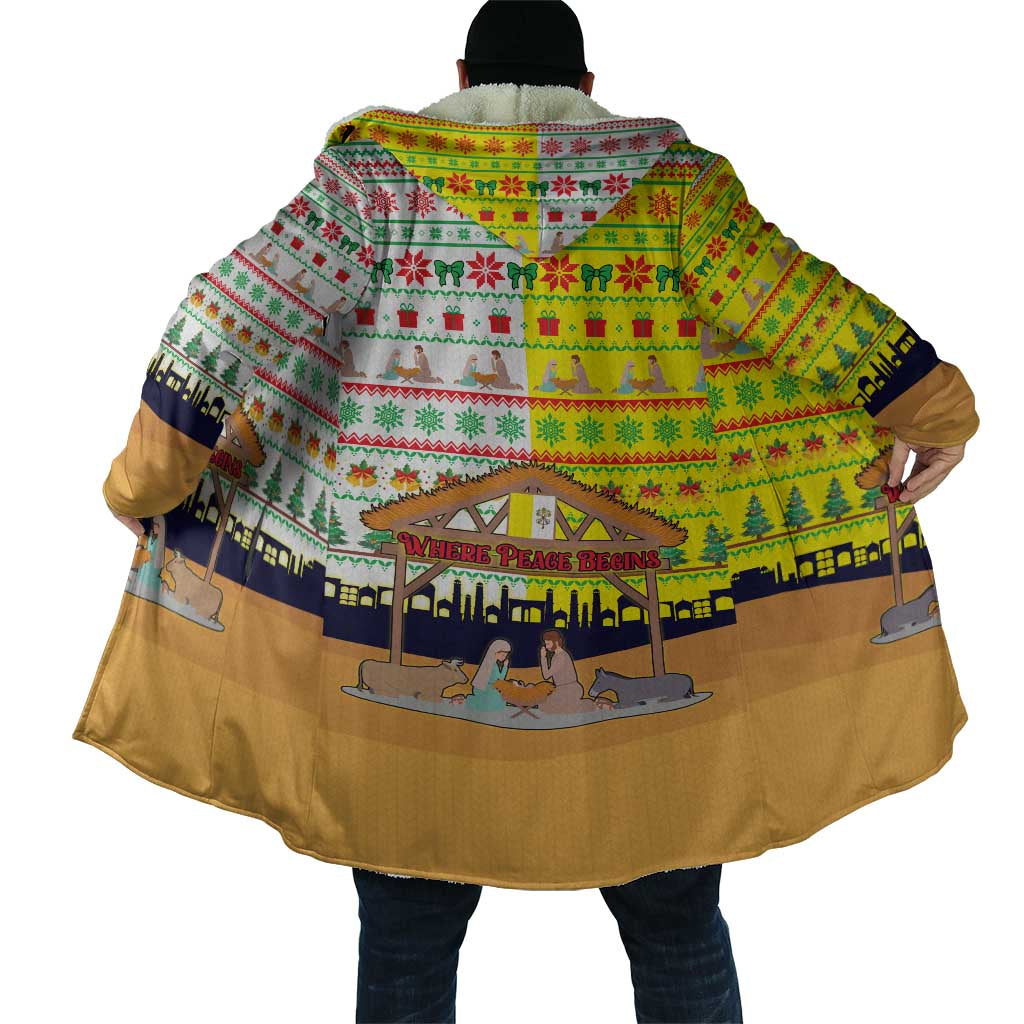 Vatican Christmas Cloak with Bethlehem Silhouette Yellow Red Green Pattern and Baby Jesus Manger - Wonder Print Shop