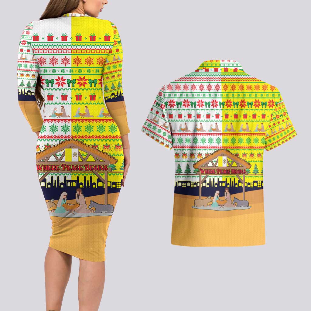 Vatican Christmas Couples Matching Long Sleeve Bodycon Dress and Hawaiian Shirt with Bethlehem Silhouette Yellow Red Green Pattern and Baby Jesus Manger - Wonder Print Shop