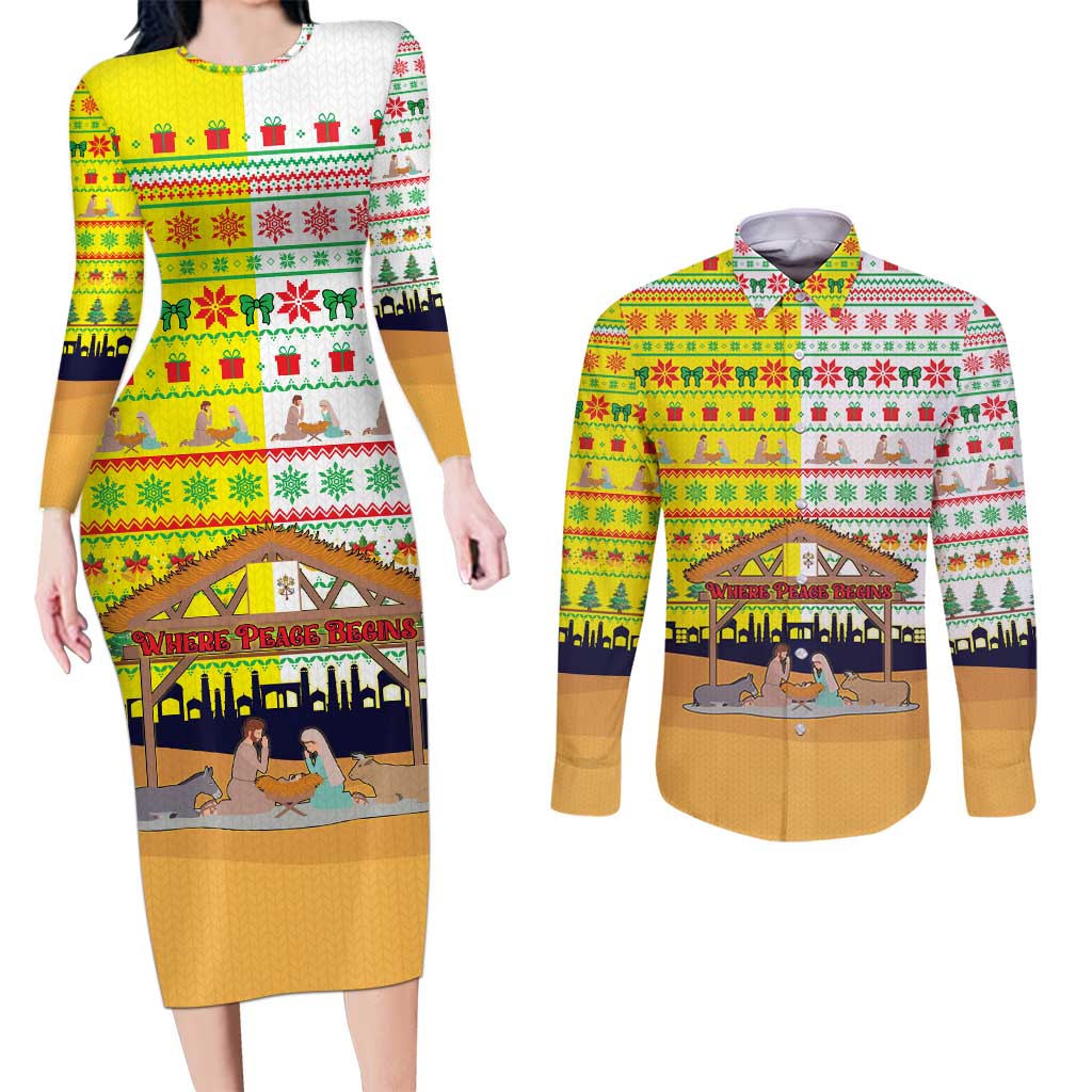 Vatican Christmas Couples Matching Long Sleeve Bodycon Dress and Long Sleeve Button Shirt with Bethlehem Silhouette Yellow Red Green Pattern and Baby Jesus Manger - Wonder Print Shop