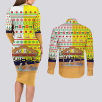 Vatican Christmas Couples Matching Long Sleeve Bodycon Dress and Long Sleeve Button Shirt with Bethlehem Silhouette Yellow Red Green Pattern and Baby Jesus Manger - Wonder Print Shop