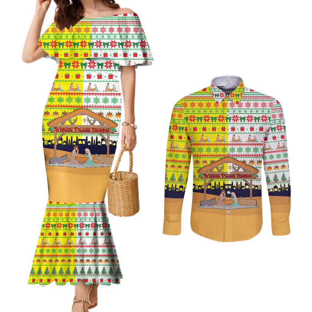 Vatican Christmas Couples Matching Mermaid Dress and Long Sleeve Button Shirt with Bethlehem Silhouette Yellow Red Green Pattern and Baby Jesus Manger - Wonder Print Shop