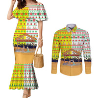 Vatican Christmas Couples Matching Mermaid Dress and Long Sleeve Button Shirt with Bethlehem Silhouette Yellow Red Green Pattern and Baby Jesus Manger - Wonder Print Shop