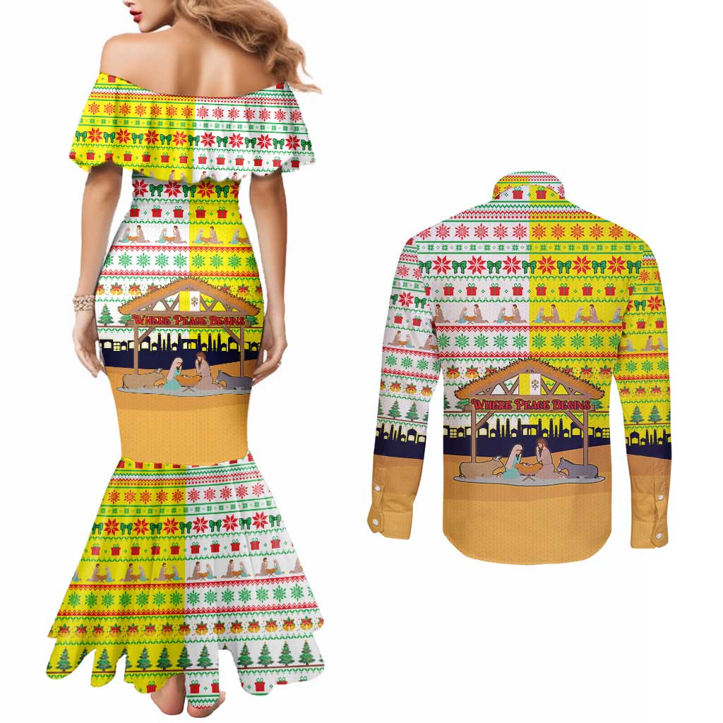 Vatican Christmas Couples Matching Mermaid Dress and Long Sleeve Button Shirt with Bethlehem Silhouette Yellow Red Green Pattern and Baby Jesus Manger - Wonder Print Shop