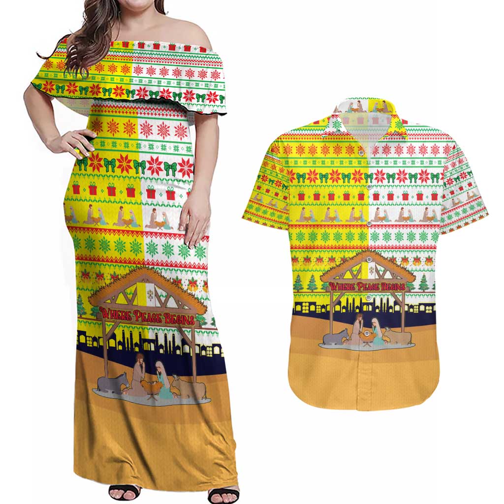 Vatican Christmas Couples Matching Off Shoulder Maxi Dress and Hawaiian Shirt with Bethlehem Silhouette Yellow Red Green Pattern and Baby Jesus Manger - Wonder Print Shop