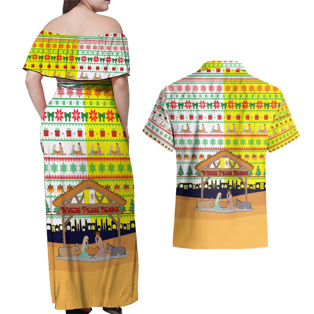 Vatican Christmas Couples Matching Off Shoulder Maxi Dress and Hawaiian Shirt with Bethlehem Silhouette Yellow Red Green Pattern and Baby Jesus Manger - Wonder Print Shop