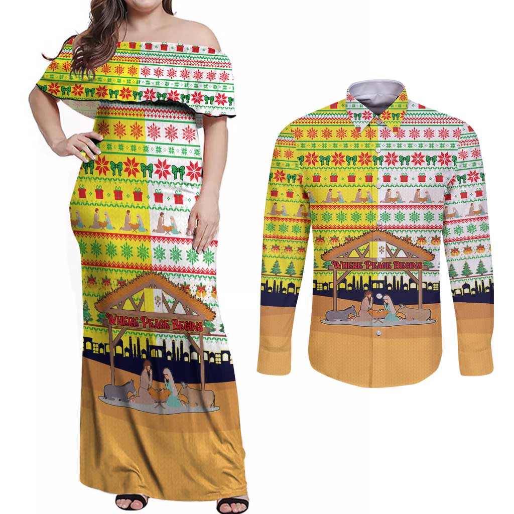Vatican Christmas Couples Matching Off Shoulder Maxi Dress and Long Sleeve Button Shirt with Bethlehem Silhouette Yellow Red Green Pattern and Baby Jesus Manger - Wonder Print Shop