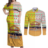 Vatican Christmas Couples Matching Off Shoulder Maxi Dress and Long Sleeve Button Shirt with Bethlehem Silhouette Yellow Red Green Pattern and Baby Jesus Manger - Wonder Print Shop