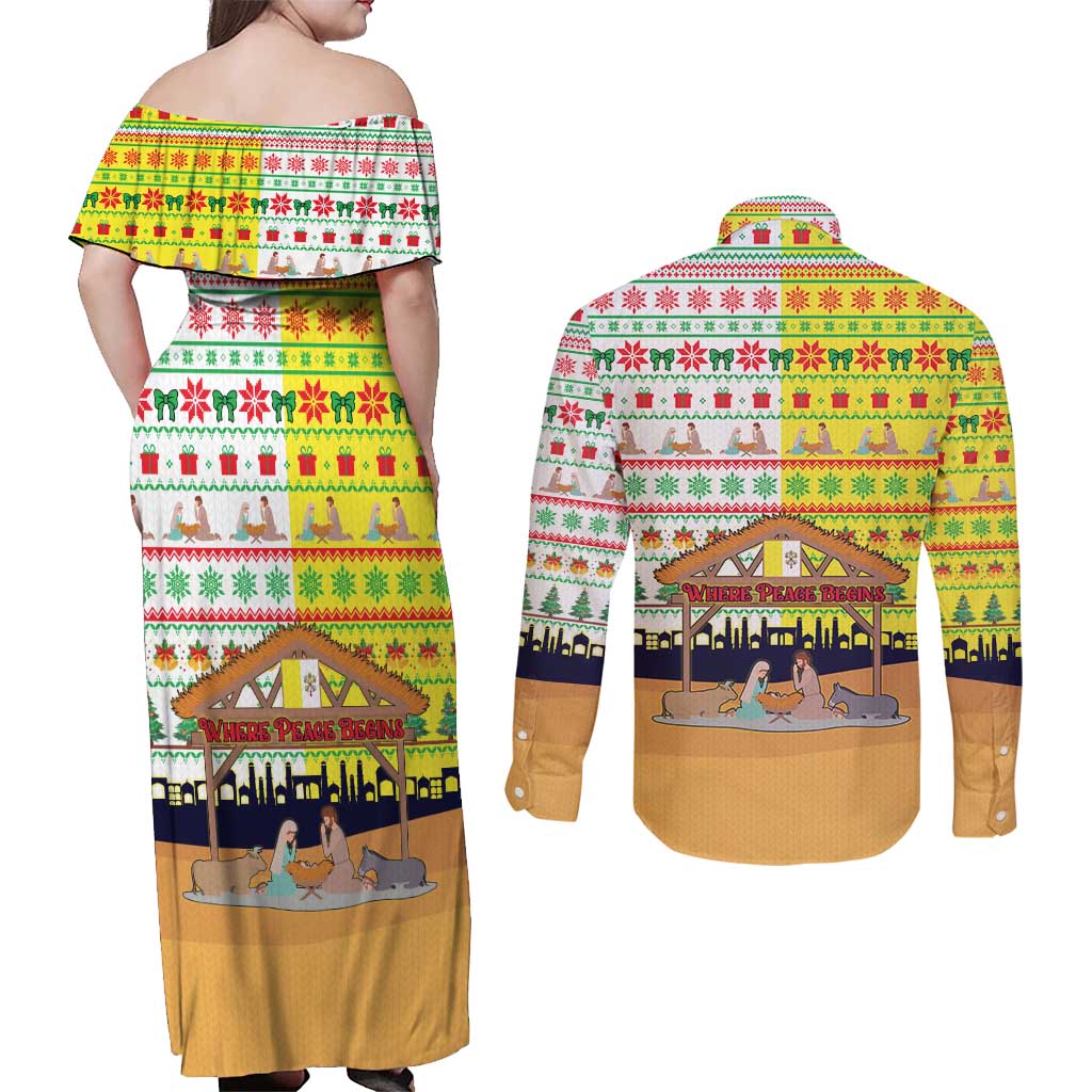 Vatican Christmas Couples Matching Off Shoulder Maxi Dress and Long Sleeve Button Shirt with Bethlehem Silhouette Yellow Red Green Pattern and Baby Jesus Manger - Wonder Print Shop