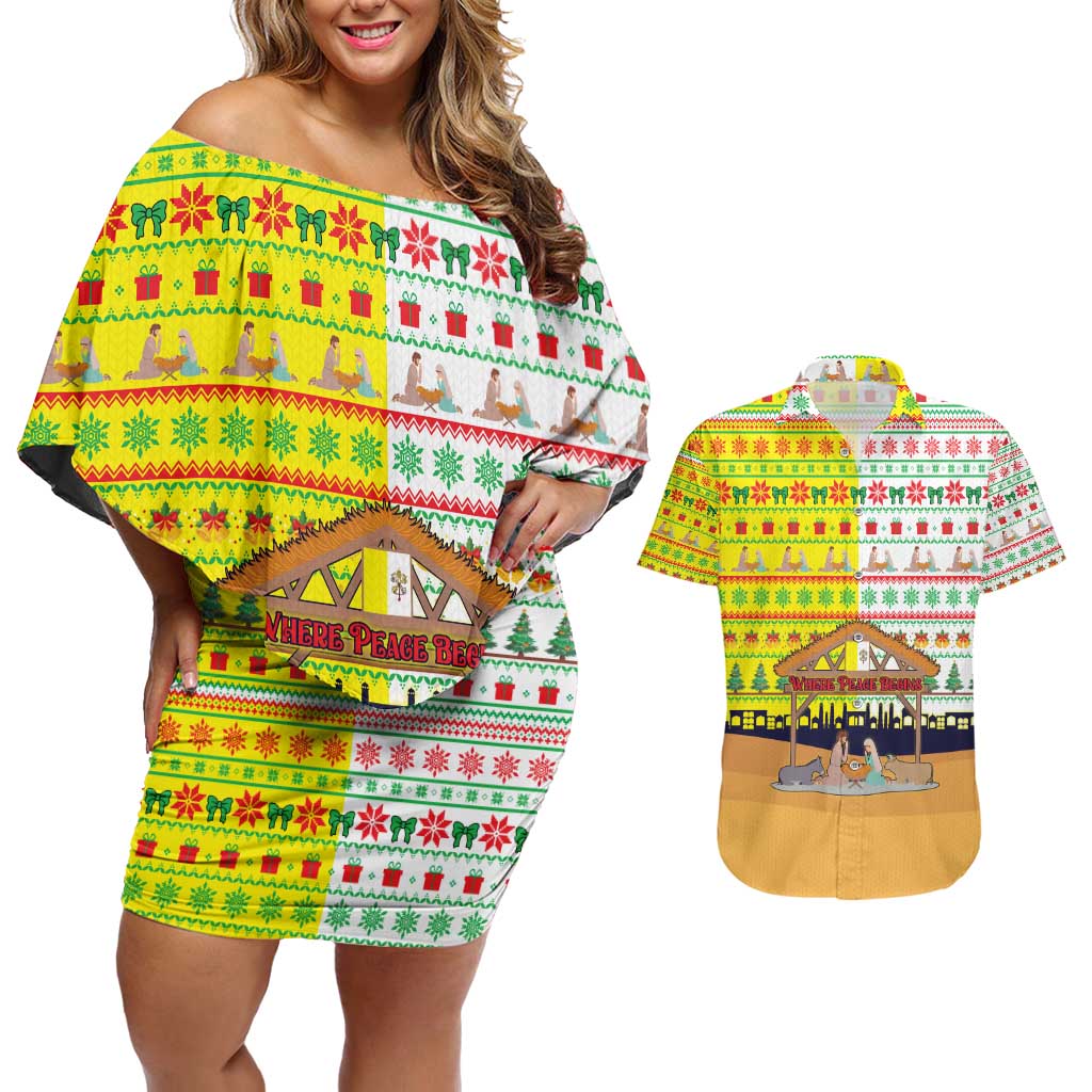 Vatican Christmas Couples Matching Off Shoulder Short Dress and Hawaiian Shirt with Bethlehem Silhouette Yellow Red Green Pattern and Baby Jesus Manger - Wonder Print Shop