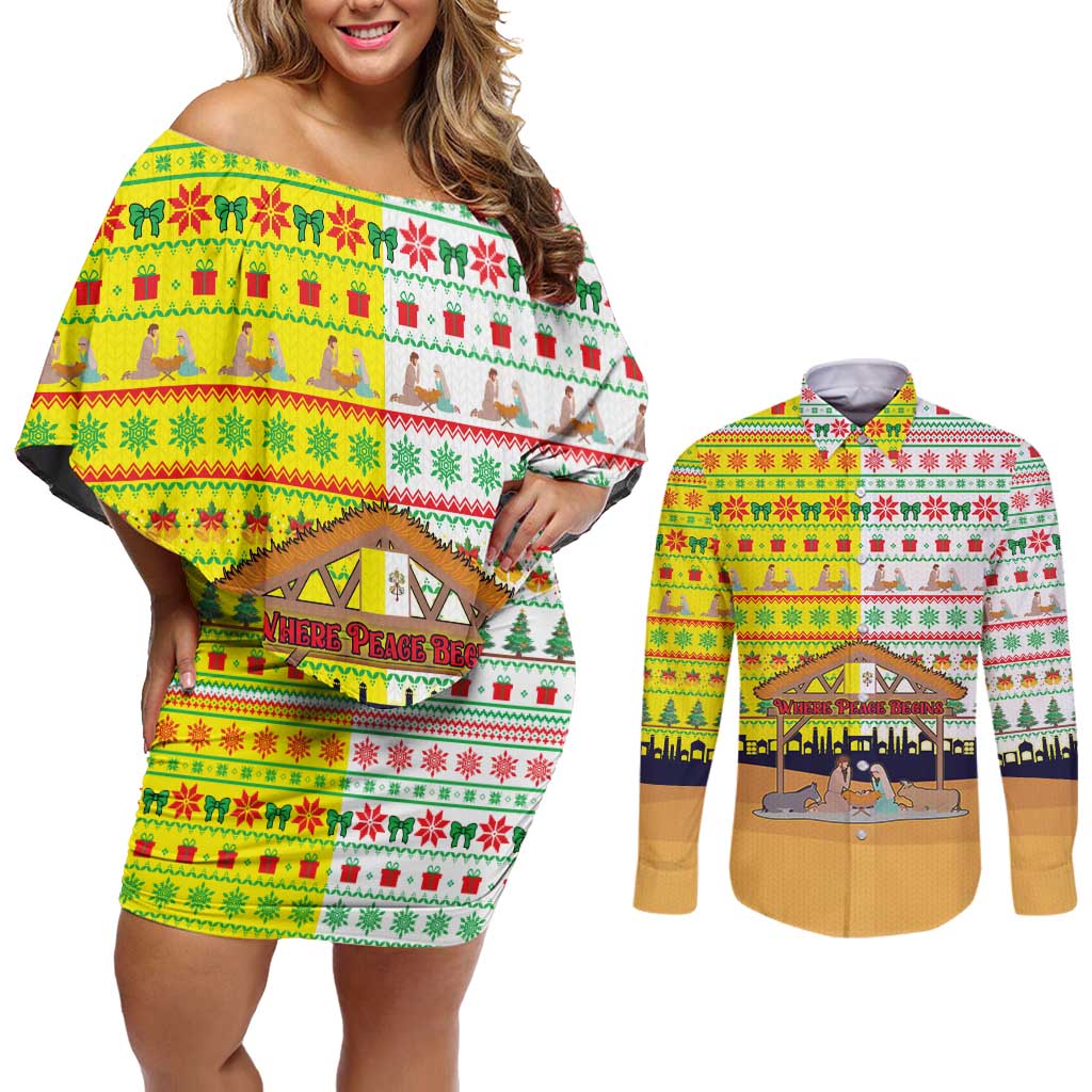 Vatican Christmas Couples Matching Off Shoulder Short Dress and Long Sleeve Button Shirt with Bethlehem Silhouette Yellow Red Green Pattern and Baby Jesus Manger - Wonder Print Shop
