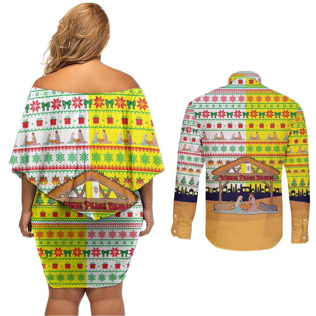Vatican Christmas Couples Matching Off Shoulder Short Dress and Long Sleeve Button Shirt with Bethlehem Silhouette Yellow Red Green Pattern and Baby Jesus Manger - Wonder Print Shop