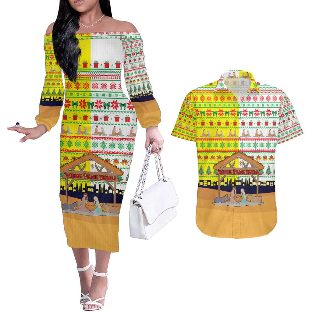 Vatican Christmas Couples Matching Off The Shoulder Long Sleeve Dress and Hawaiian Shirt with Bethlehem Silhouette Yellow Red Green Pattern and Baby Jesus Manger - Wonder Print Shop