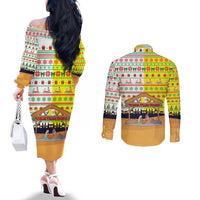 Vatican Christmas Couples Matching Off The Shoulder Long Sleeve Dress and Long Sleeve Button Shirt with Bethlehem Silhouette Yellow Red Green Pattern and Baby Jesus Manger - Wonder Print Shop