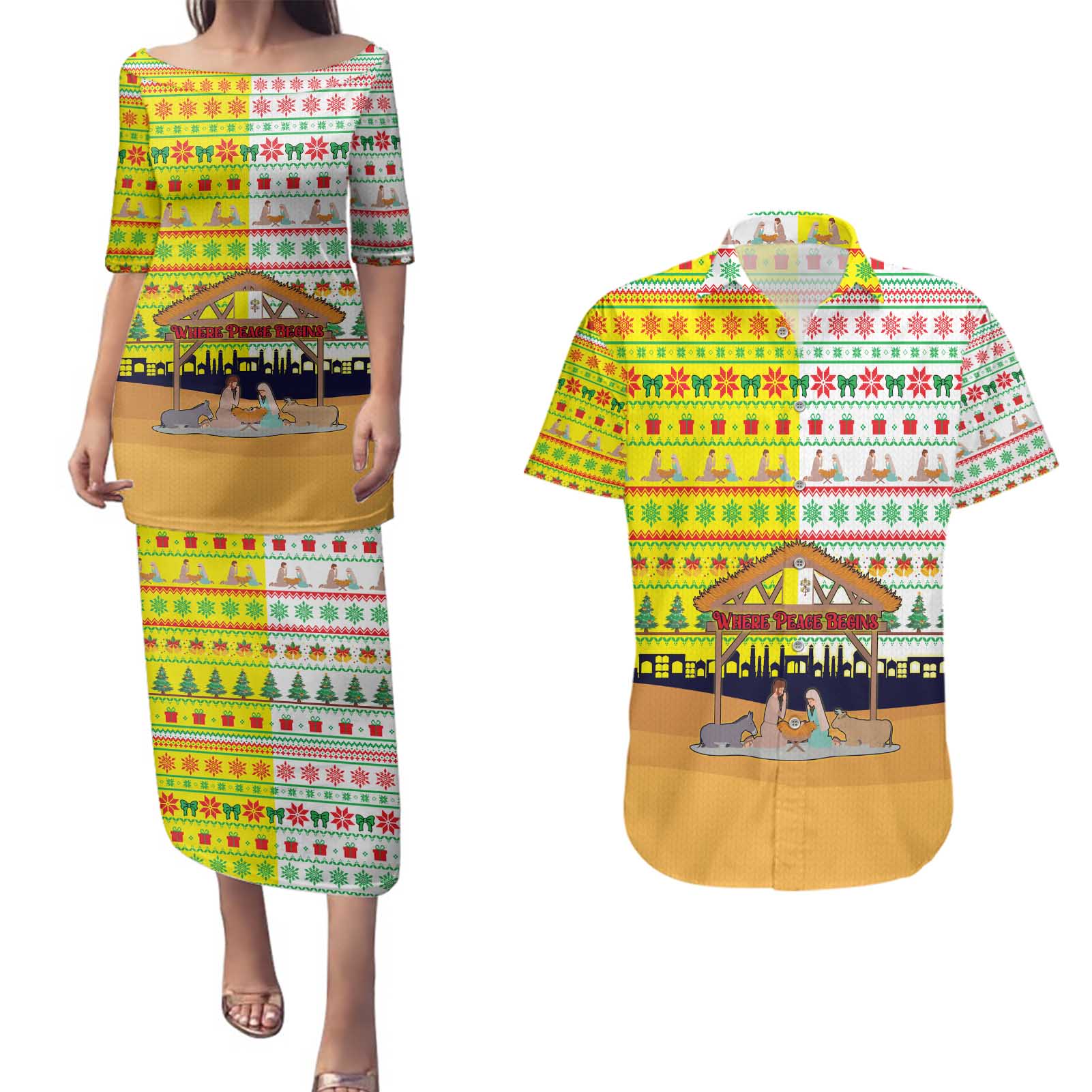 Vatican Christmas Couples Matching Puletasi and Hawaiian Shirt with Bethlehem Silhouette Yellow Red Green Pattern and Baby Jesus Manger - Wonder Print Shop