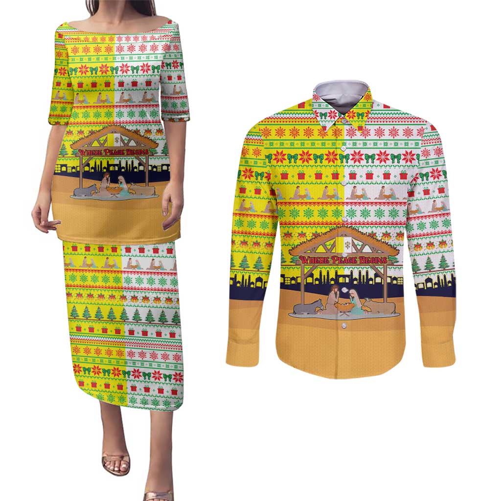 Vatican Christmas Couples Matching Puletasi and Long Sleeve Button Shirt with Bethlehem Silhouette Yellow Red Green Pattern and Baby Jesus Manger - Wonder Print Shop