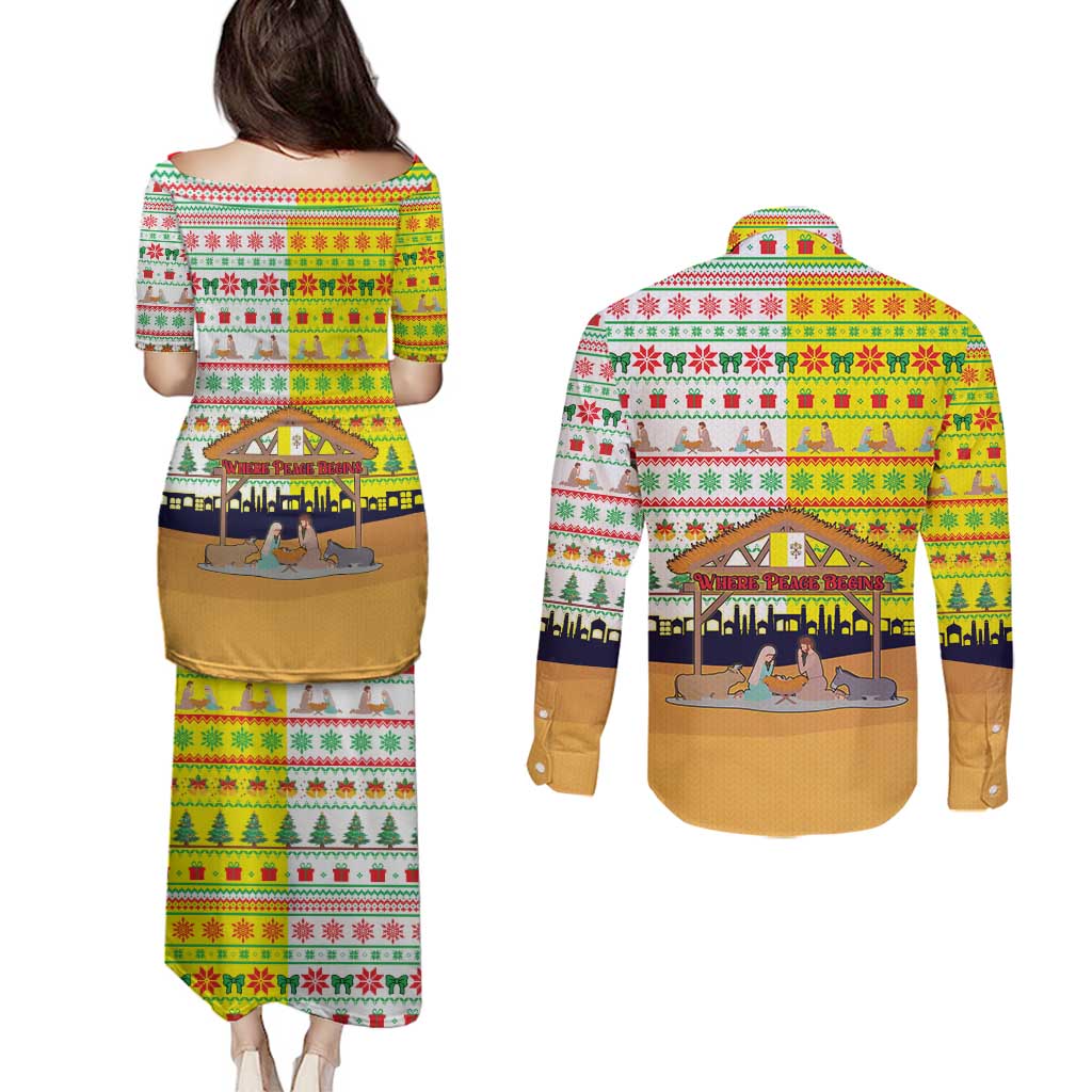 Vatican Christmas Couples Matching Puletasi and Long Sleeve Button Shirt with Bethlehem Silhouette Yellow Red Green Pattern and Baby Jesus Manger - Wonder Print Shop