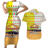 Vatican Christmas Couples Matching Short Sleeve Bodycon Dress and Hawaiian Shirt with Bethlehem Silhouette Yellow Red Green Pattern and Baby Jesus Manger - Wonder Print Shop