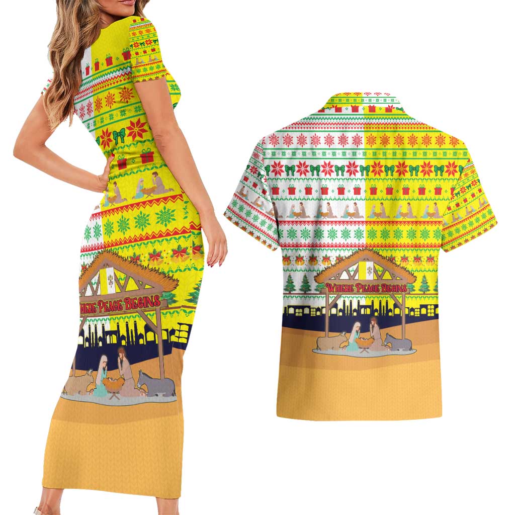 Vatican Christmas Couples Matching Short Sleeve Bodycon Dress and Hawaiian Shirt with Bethlehem Silhouette Yellow Red Green Pattern and Baby Jesus Manger - Wonder Print Shop