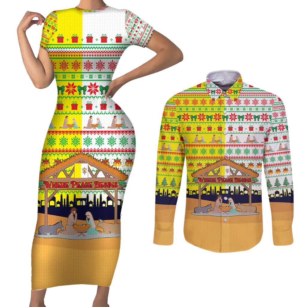 Vatican Christmas Couples Matching Short Sleeve Bodycon Dress and Long Sleeve Button Shirt with Bethlehem Silhouette Yellow Red Green Pattern and Baby Jesus Manger - Wonder Print Shop