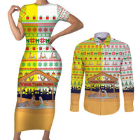 Vatican Christmas Couples Matching Short Sleeve Bodycon Dress and Long Sleeve Button Shirt with Bethlehem Silhouette Yellow Red Green Pattern and Baby Jesus Manger - Wonder Print Shop