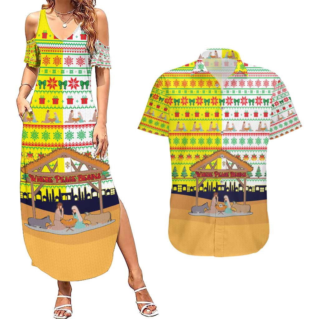 Vatican Christmas Couples Matching Summer Maxi Dress and Hawaiian Shirt with Bethlehem Silhouette Yellow Red Green Pattern and Baby Jesus Manger - Wonder Print Shop