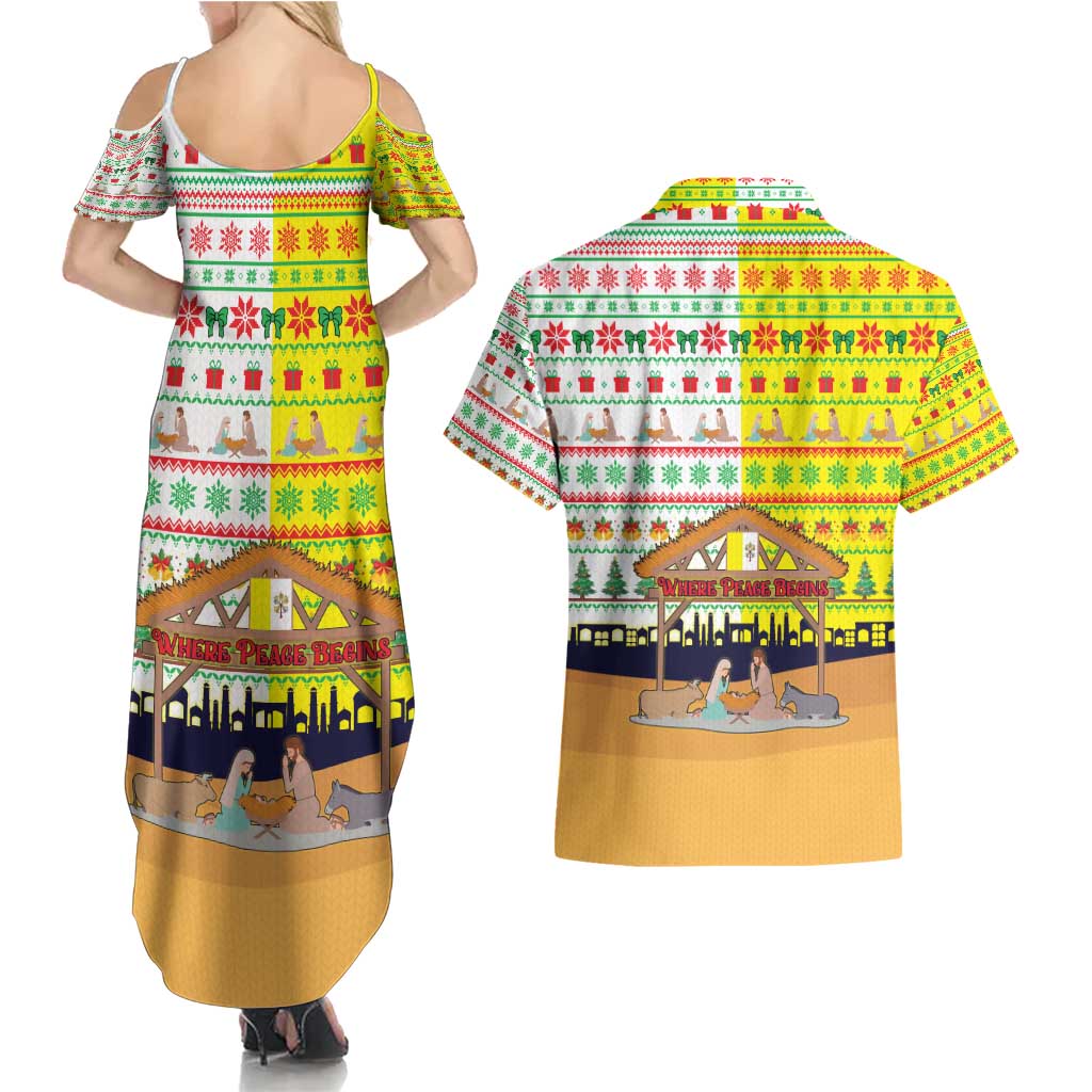 Vatican Christmas Couples Matching Summer Maxi Dress and Hawaiian Shirt with Bethlehem Silhouette Yellow Red Green Pattern and Baby Jesus Manger - Wonder Print Shop