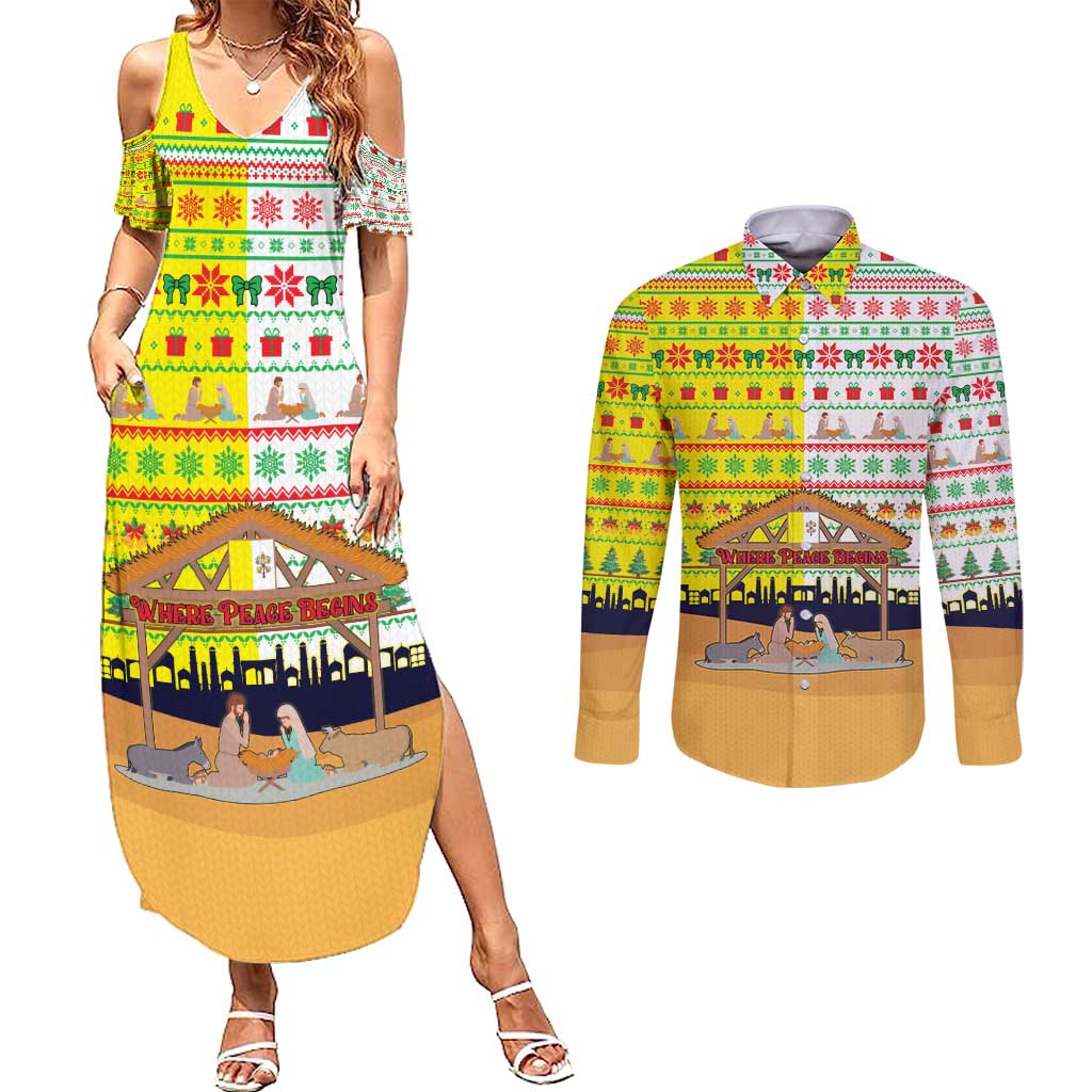 Vatican Christmas Couples Matching Summer Maxi Dress and Long Sleeve Button Shirt with Bethlehem Silhouette Yellow Red Green Pattern and Baby Jesus Manger - Wonder Print Shop