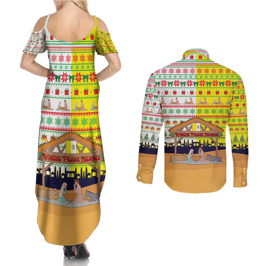 Vatican Christmas Couples Matching Summer Maxi Dress and Long Sleeve Button Shirt with Bethlehem Silhouette Yellow Red Green Pattern and Baby Jesus Manger - Wonder Print Shop