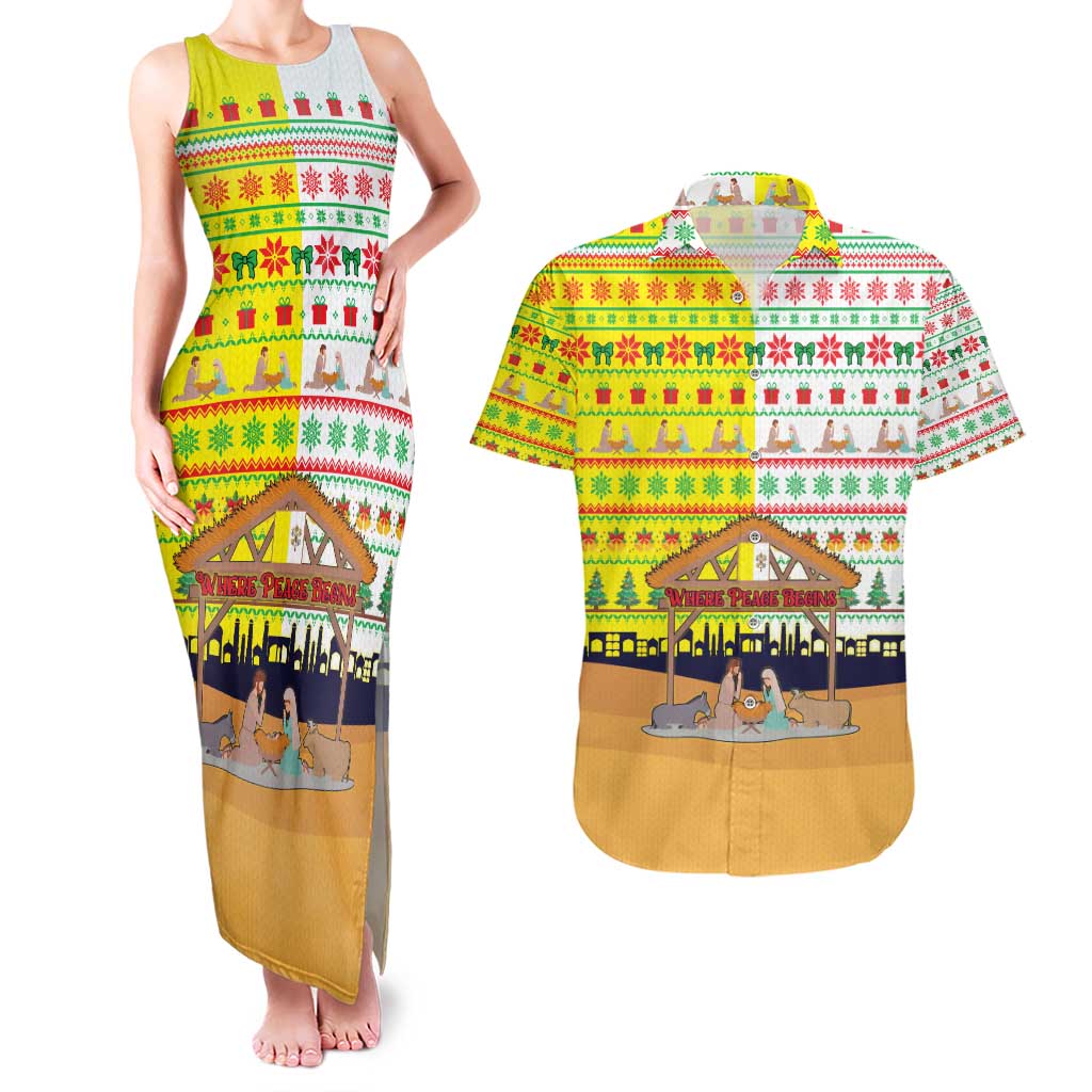 Vatican Christmas Couples Matching Tank Maxi Dress and Hawaiian Shirt with Bethlehem Silhouette Yellow Red Green Pattern and Baby Jesus Manger - Wonder Print Shop