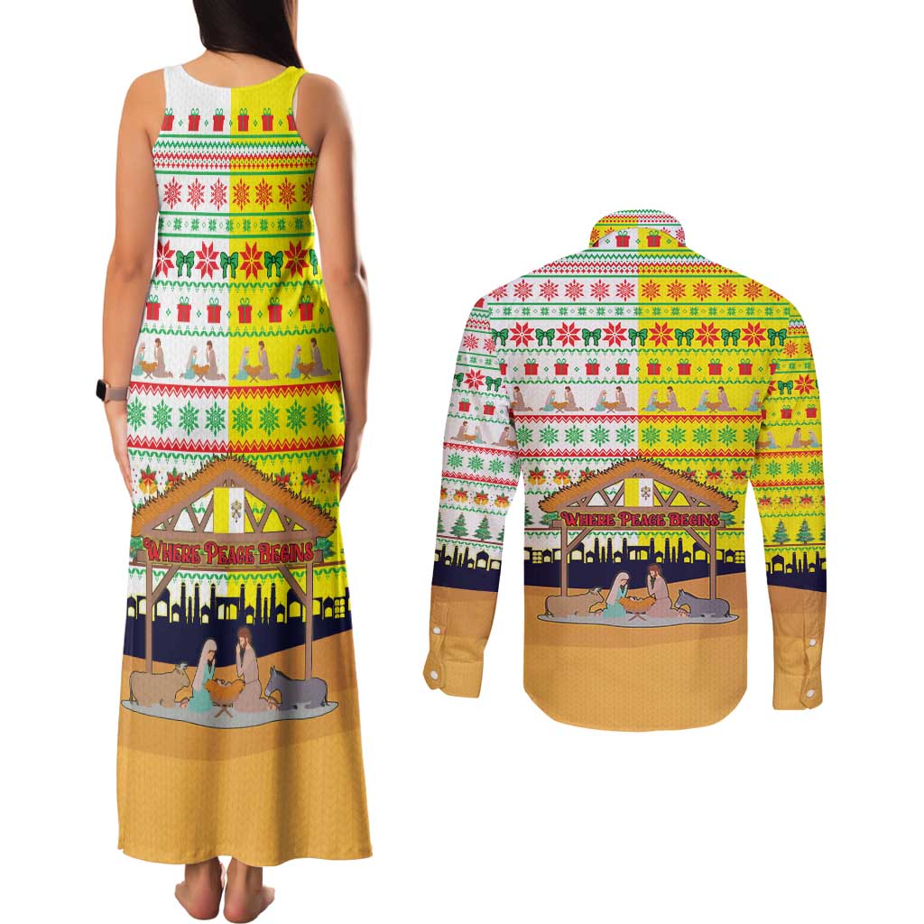 Vatican Christmas Couples Matching Tank Maxi Dress and Long Sleeve Button Shirt with Bethlehem Silhouette Yellow Red Green Pattern and Baby Jesus Manger - Wonder Print Shop