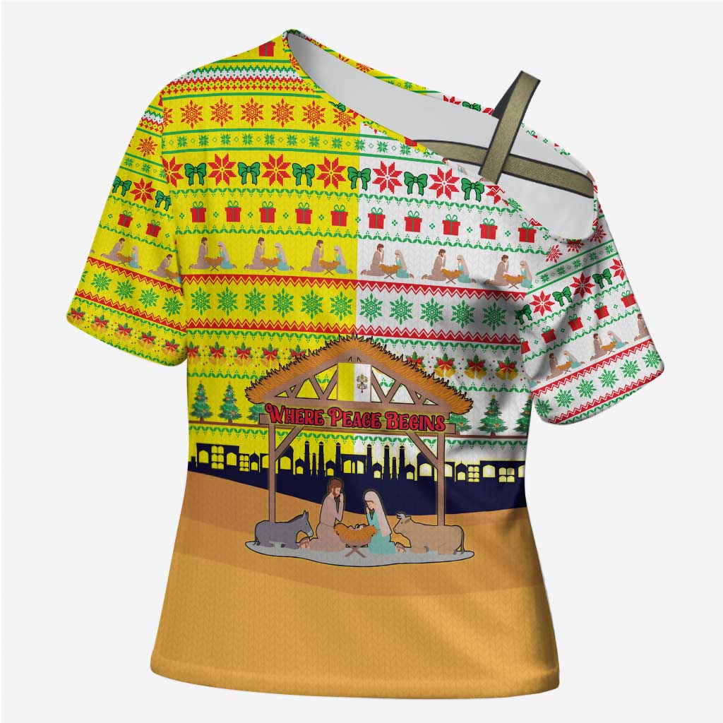 Vatican Christmas Cross Shoulder Shirt with Bethlehem Silhouette Yellow Red Green Pattern and Baby Jesus Manger - Wonder Print Shop