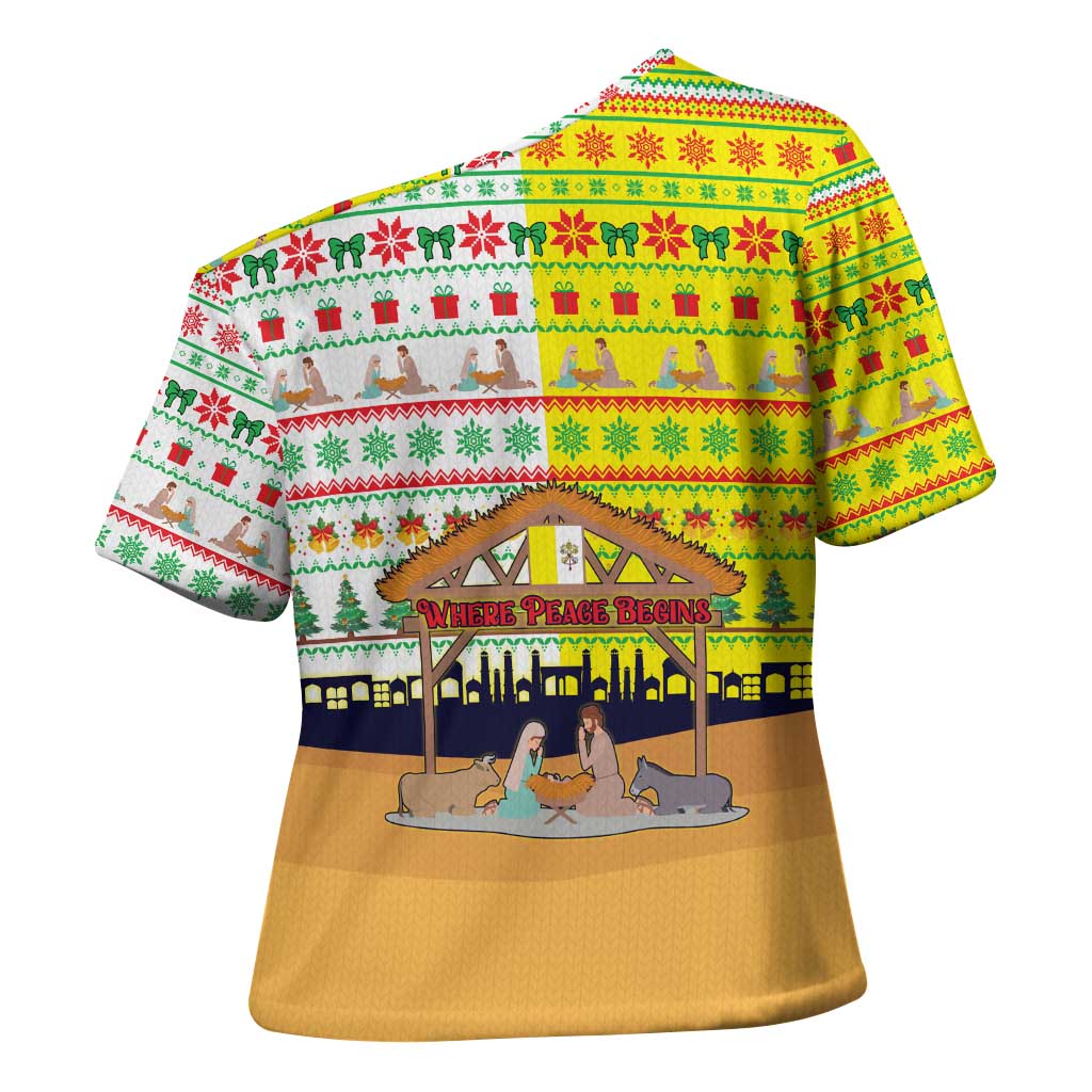 Vatican Christmas Cross Shoulder Shirt with Bethlehem Silhouette Yellow Red Green Pattern and Baby Jesus Manger - Wonder Print Shop