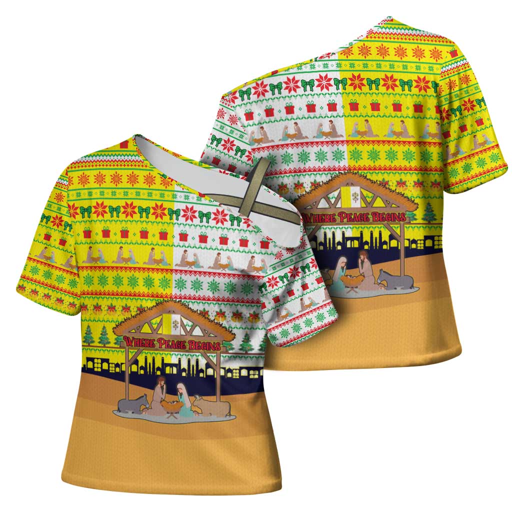 Vatican Christmas Cross Shoulder Shirt with Bethlehem Silhouette Yellow Red Green Pattern and Baby Jesus Manger - Wonder Print Shop