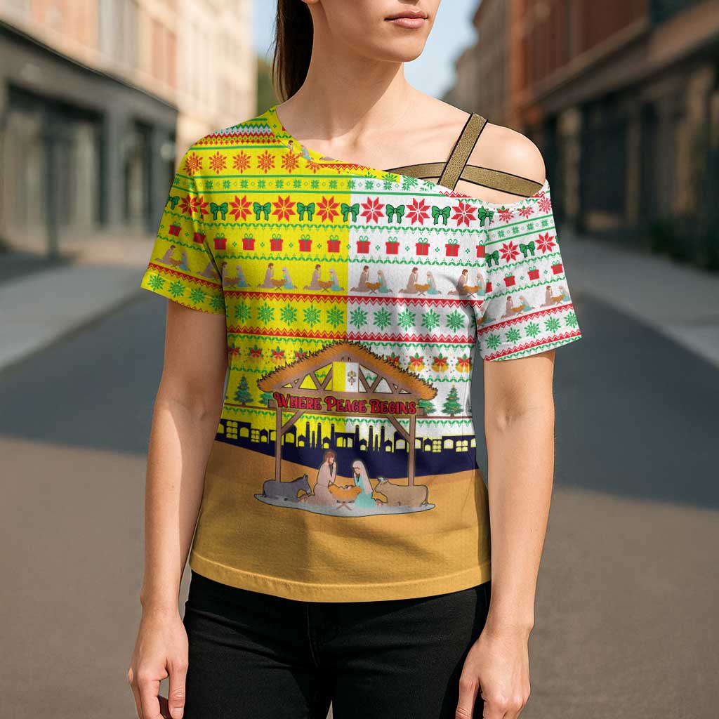Vatican Christmas Cross Shoulder Shirt with Bethlehem Silhouette Yellow Red Green Pattern and Baby Jesus Manger - Wonder Print Shop