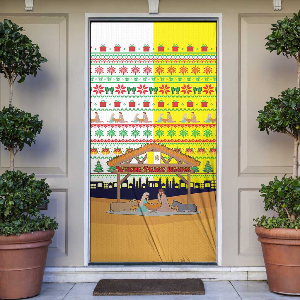 Vatican Christmas Door Cover with Bethlehem Silhouette Yellow Red Green Pattern and Baby Jesus Manger - Wonder Print Shop
