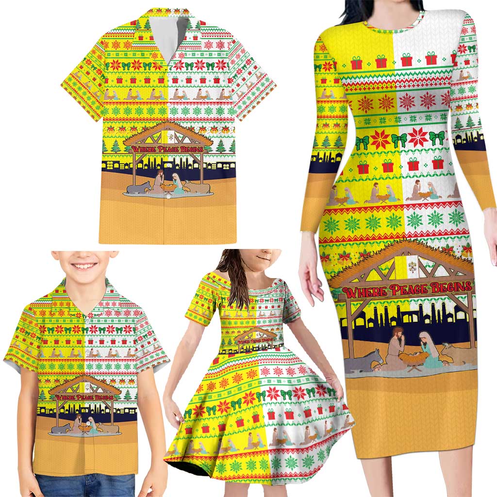 Vatican Christmas Family Matching Long Sleeve Bodycon Dress and Hawaiian Shirt with Bethlehem Silhouette Yellow Red Green Pattern and Baby Jesus Manger - Wonder Print Shop