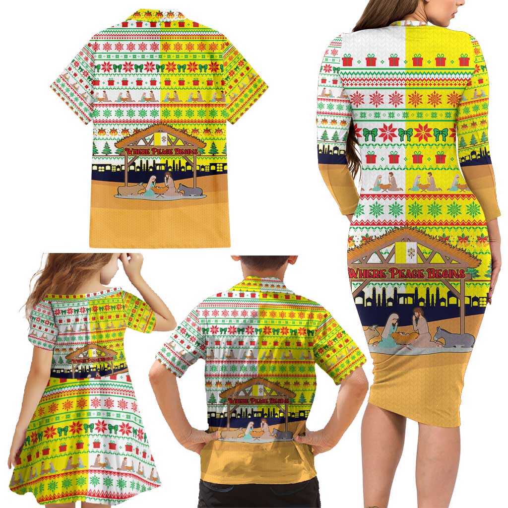 Vatican Christmas Family Matching Long Sleeve Bodycon Dress and Hawaiian Shirt with Bethlehem Silhouette Yellow Red Green Pattern and Baby Jesus Manger - Wonder Print Shop