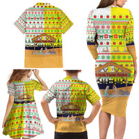 Vatican Christmas Family Matching Long Sleeve Bodycon Dress and Hawaiian Shirt with Bethlehem Silhouette Yellow Red Green Pattern and Baby Jesus Manger - Wonder Print Shop