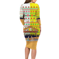 Vatican Christmas Family Matching Long Sleeve Bodycon Dress and Hawaiian Shirt with Bethlehem Silhouette Yellow Red Green Pattern and Baby Jesus Manger - Wonder Print Shop
