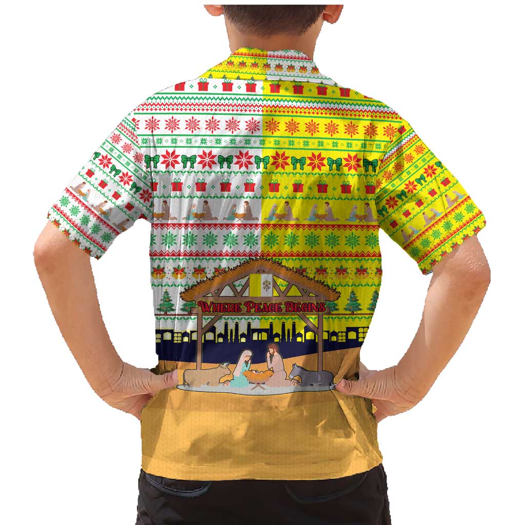 Vatican Christmas Family Matching Mermaid Dress and Hawaiian Shirt with Bethlehem Silhouette Yellow Red Green Pattern and Baby Jesus Manger - Wonder Print Shop