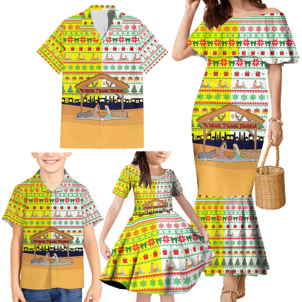 Vatican Christmas Family Matching Mermaid Dress and Hawaiian Shirt with Bethlehem Silhouette Yellow Red Green Pattern and Baby Jesus Manger - Wonder Print Shop