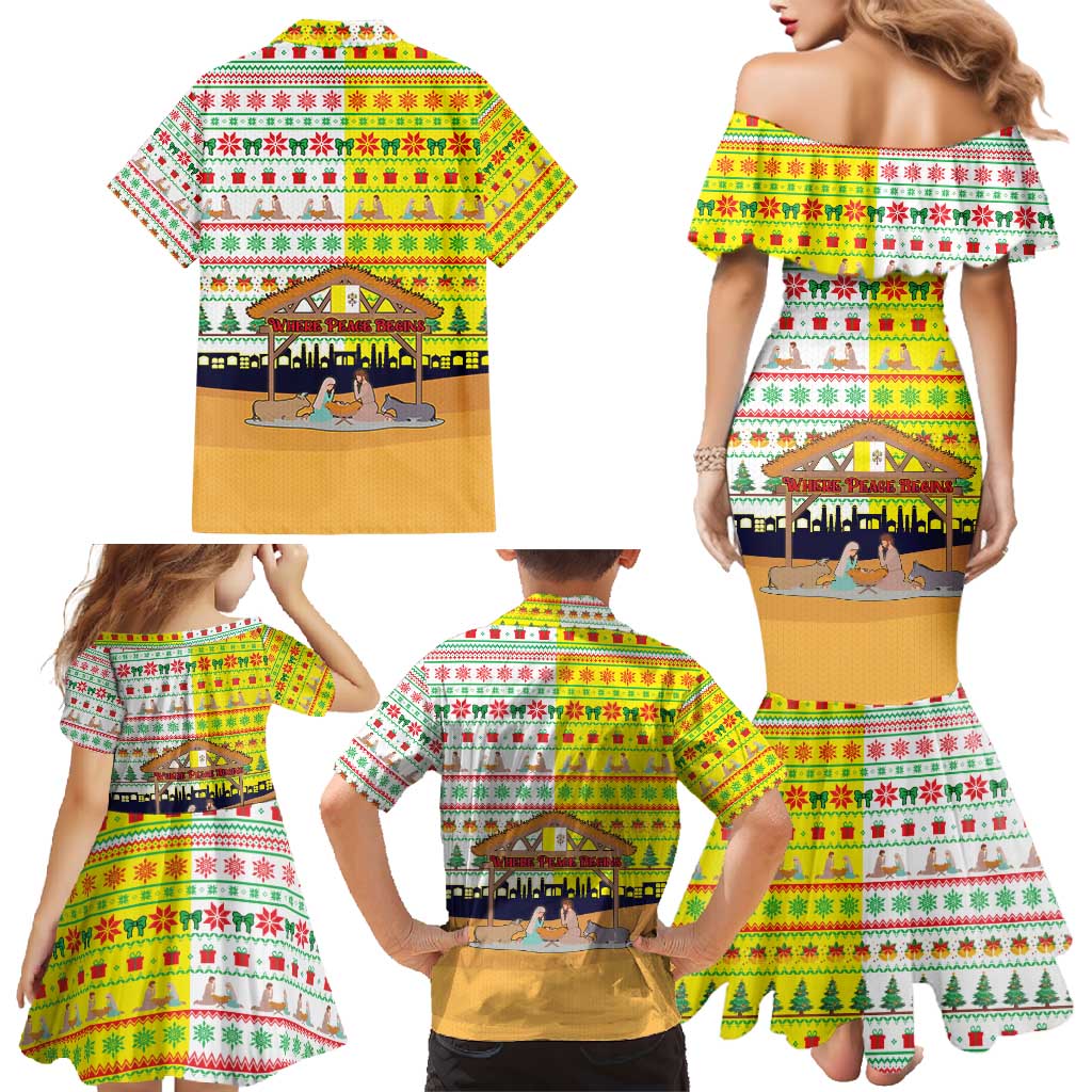 Vatican Christmas Family Matching Mermaid Dress and Hawaiian Shirt with Bethlehem Silhouette Yellow Red Green Pattern and Baby Jesus Manger - Wonder Print Shop