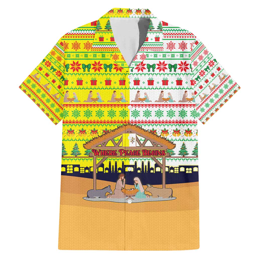 Vatican Christmas Family Matching Mermaid Dress and Hawaiian Shirt with Bethlehem Silhouette Yellow Red Green Pattern and Baby Jesus Manger - Wonder Print Shop