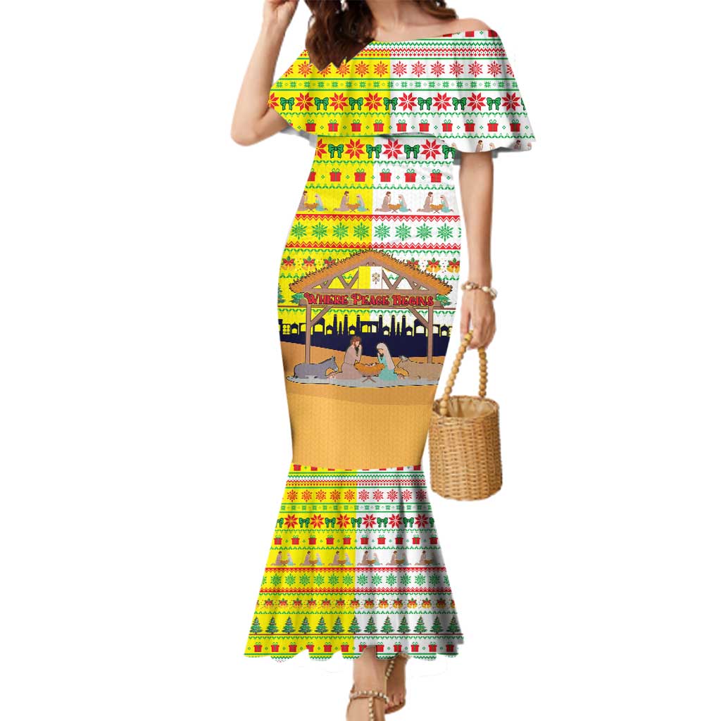 Vatican Christmas Family Matching Mermaid Dress and Hawaiian Shirt with Bethlehem Silhouette Yellow Red Green Pattern and Baby Jesus Manger - Wonder Print Shop
