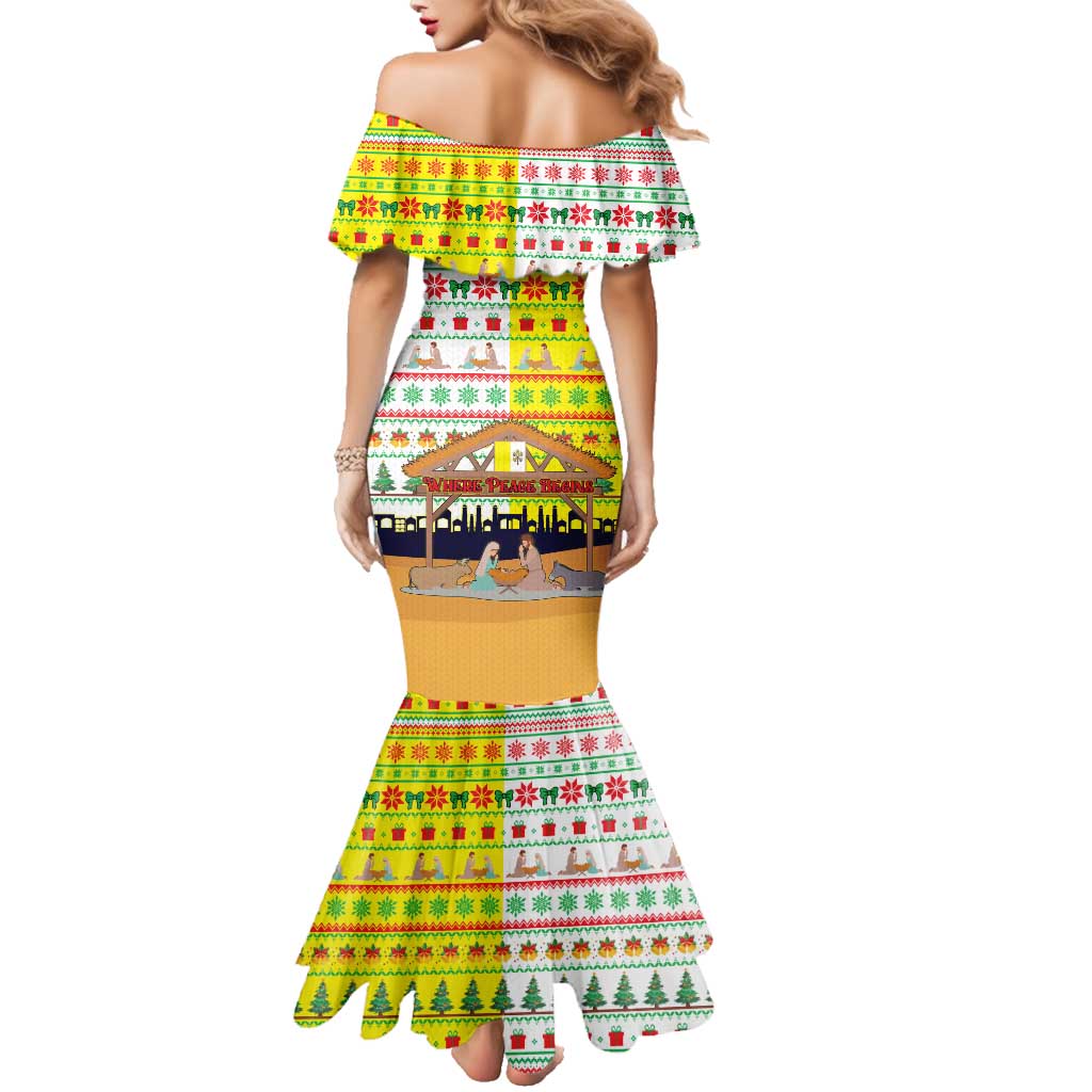 Vatican Christmas Family Matching Mermaid Dress and Hawaiian Shirt with Bethlehem Silhouette Yellow Red Green Pattern and Baby Jesus Manger - Wonder Print Shop