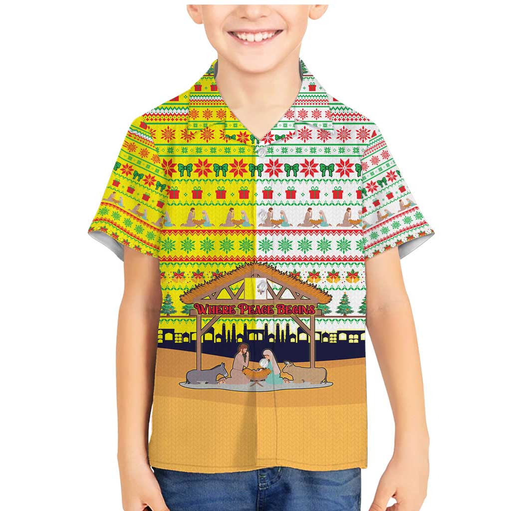 Vatican Christmas Family Matching Mermaid Dress and Hawaiian Shirt with Bethlehem Silhouette Yellow Red Green Pattern and Baby Jesus Manger - Wonder Print Shop